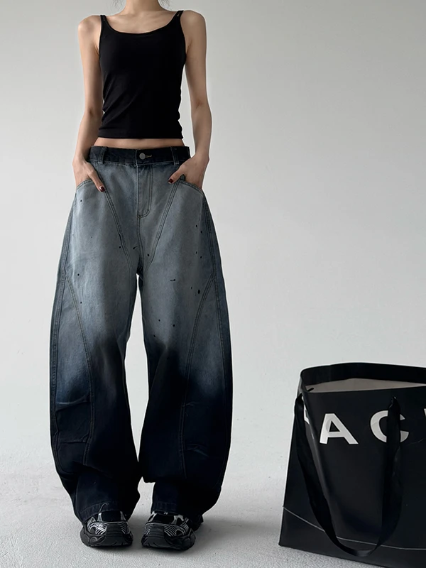 

Американские джинсы прямого кроя в стиле High Street Workwear с эффектом окрашивания, свободные повседневные длинные брюки для мужчин и женщин, винтажные, модные