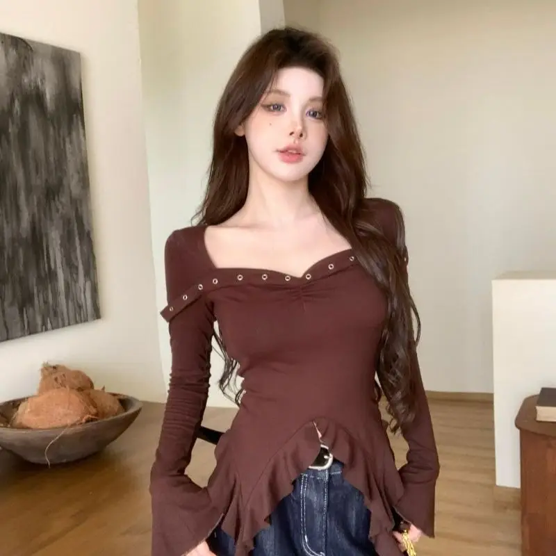 Slim Fit Long Sleeve T-Shirt Women's Spring Autumn Pleated Asymmetrical Collar Bell Sleeve Casual Style Slimming Top