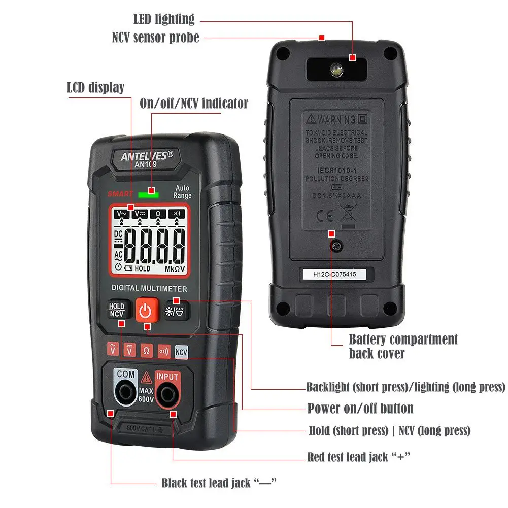 AN109 Portable Digital Smart Multimeter High-precision Intelligent Anti-burn NCV On-off AC / DC Voltage Electrician Repair Tools