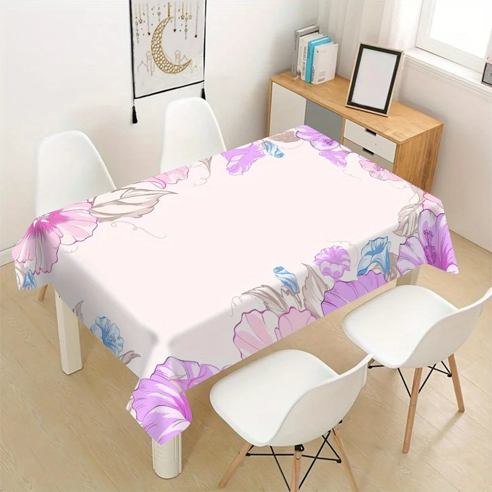 Morning Glory Tablecloth, Pale Pink Base Purple Blue Flower Art Print,Anti-stain Table Cover for Dining Table Family Party Decor