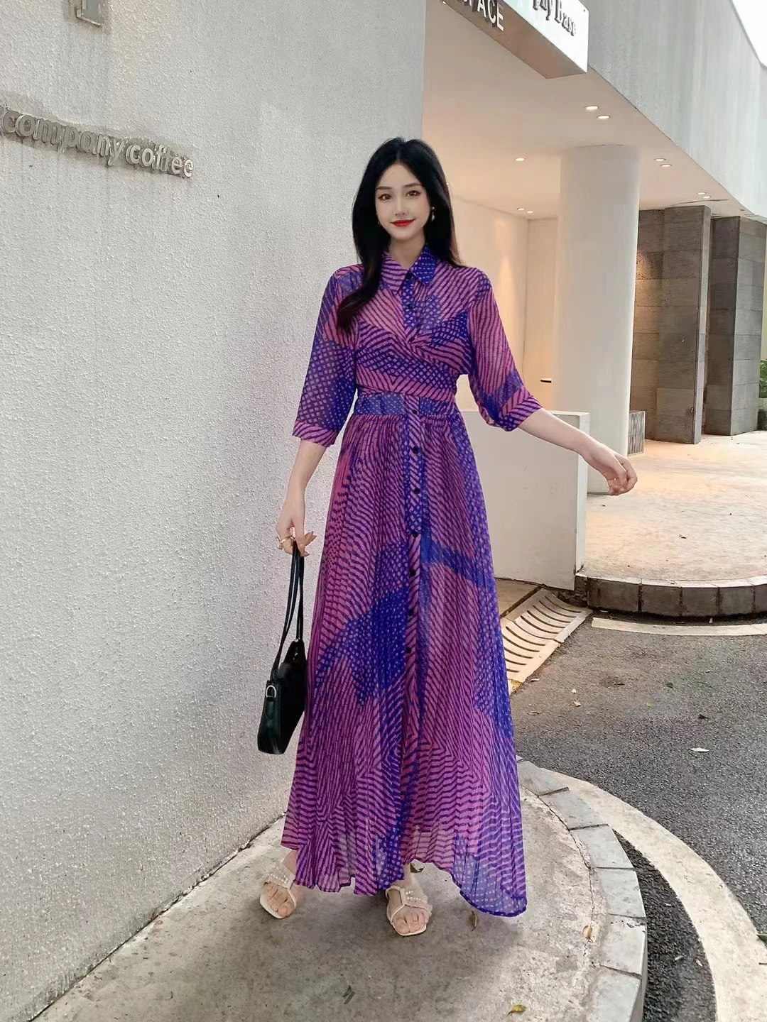 New Spring Summer Women Turn-down Collar Three Quarter Sleeve Slim Long Dress High Quality Contrast Color Striped Shirt Dress