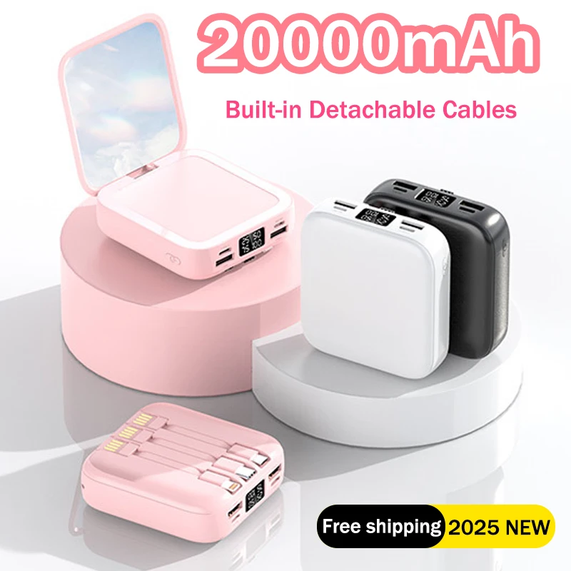 2025 NEW Power Bank with Makeup Mirror Built-in Cables Portable Charger External Battery for IPhone Xiaomi Samsung Powerbank