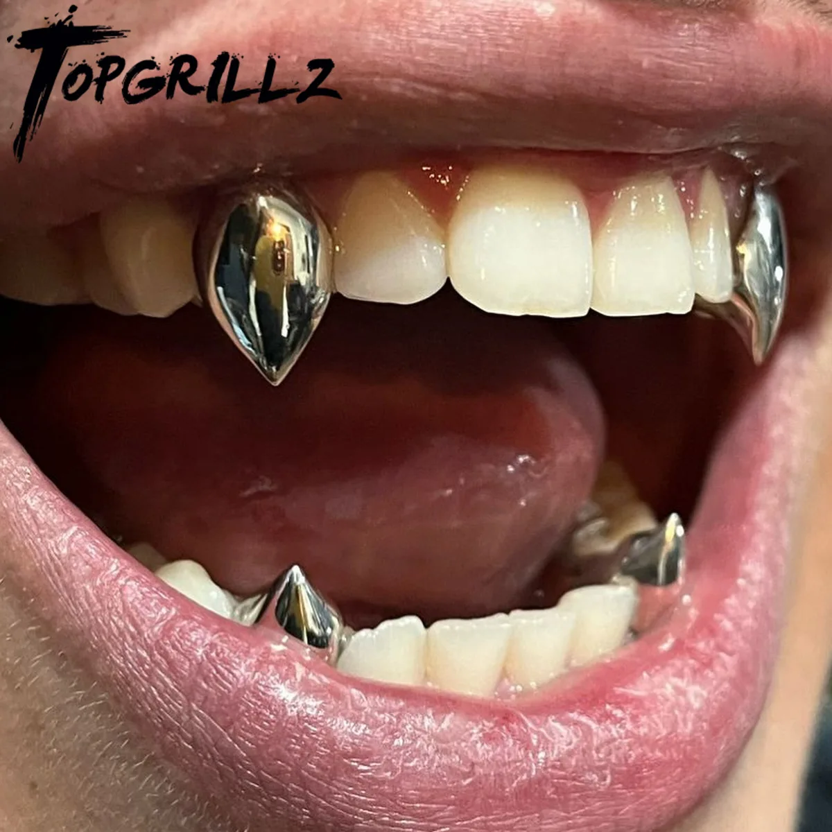 TOPGRILLZ Glänzende Vampirzähne Grillz Hip Hop 14K vergoldete Einzelzahnkappen Zahngrills Halloween Cosplay Schmuck