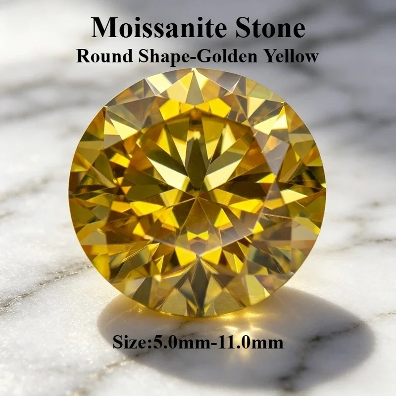 Moissanite Stone Golden Yellow Color Round Shape Lab Grown Gemstone for DIY Jewelry Making Pass Diamond Tester with Certificate