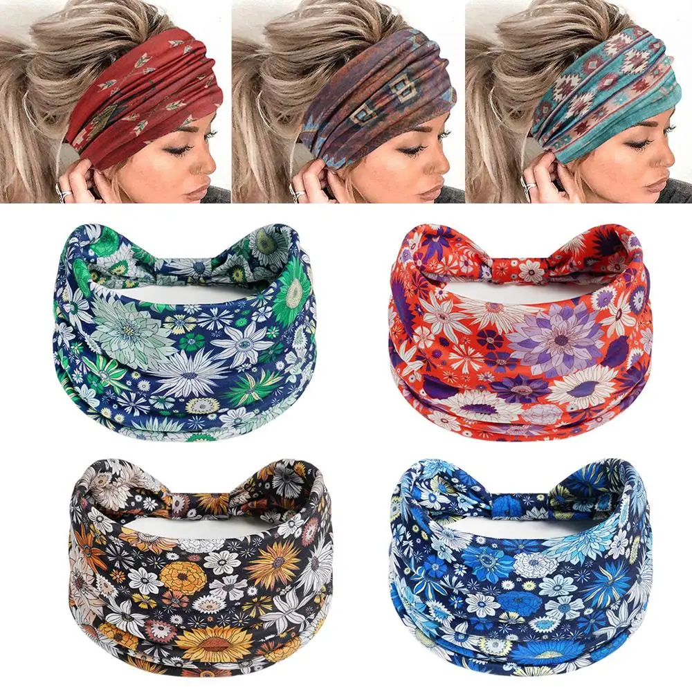 

Flower Print Bandana Stretch Hair Band Knotted Wide Headbands Yoga Sports Sweatbands Headwrap Soft Bandana Hair Accessories 2025