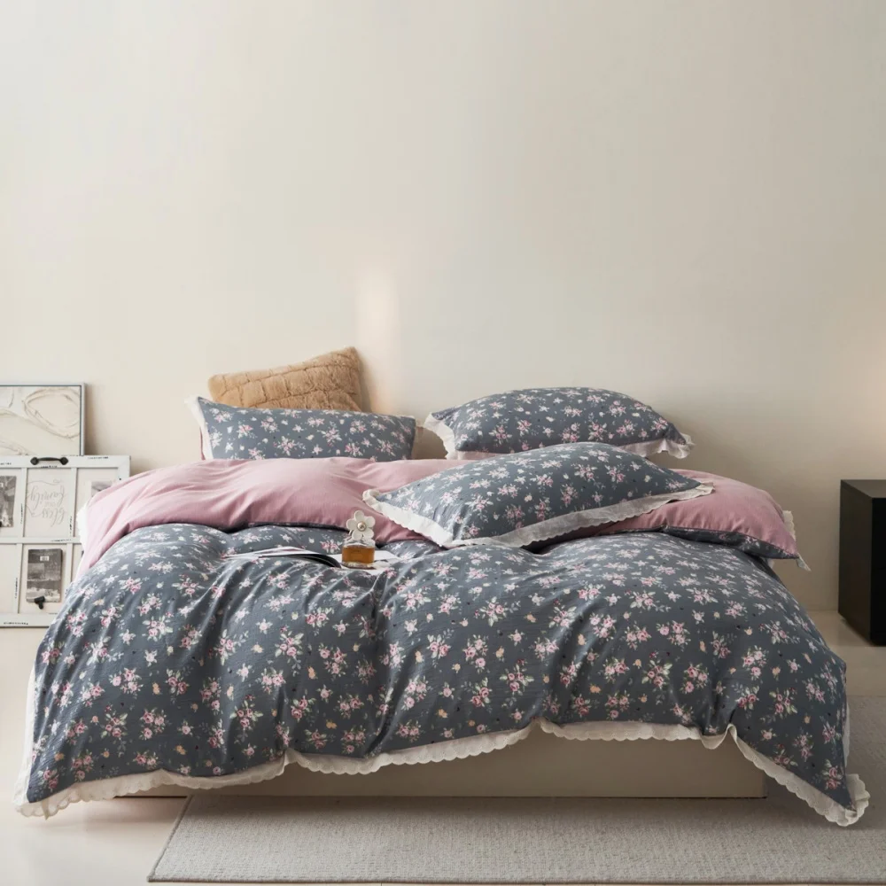 

Double Layer Yarn Washed Cotton Bedding Set Soft Comfortable Four Piece Set Pillowcase Duvet Cover Set 200x230cm Home Textiles