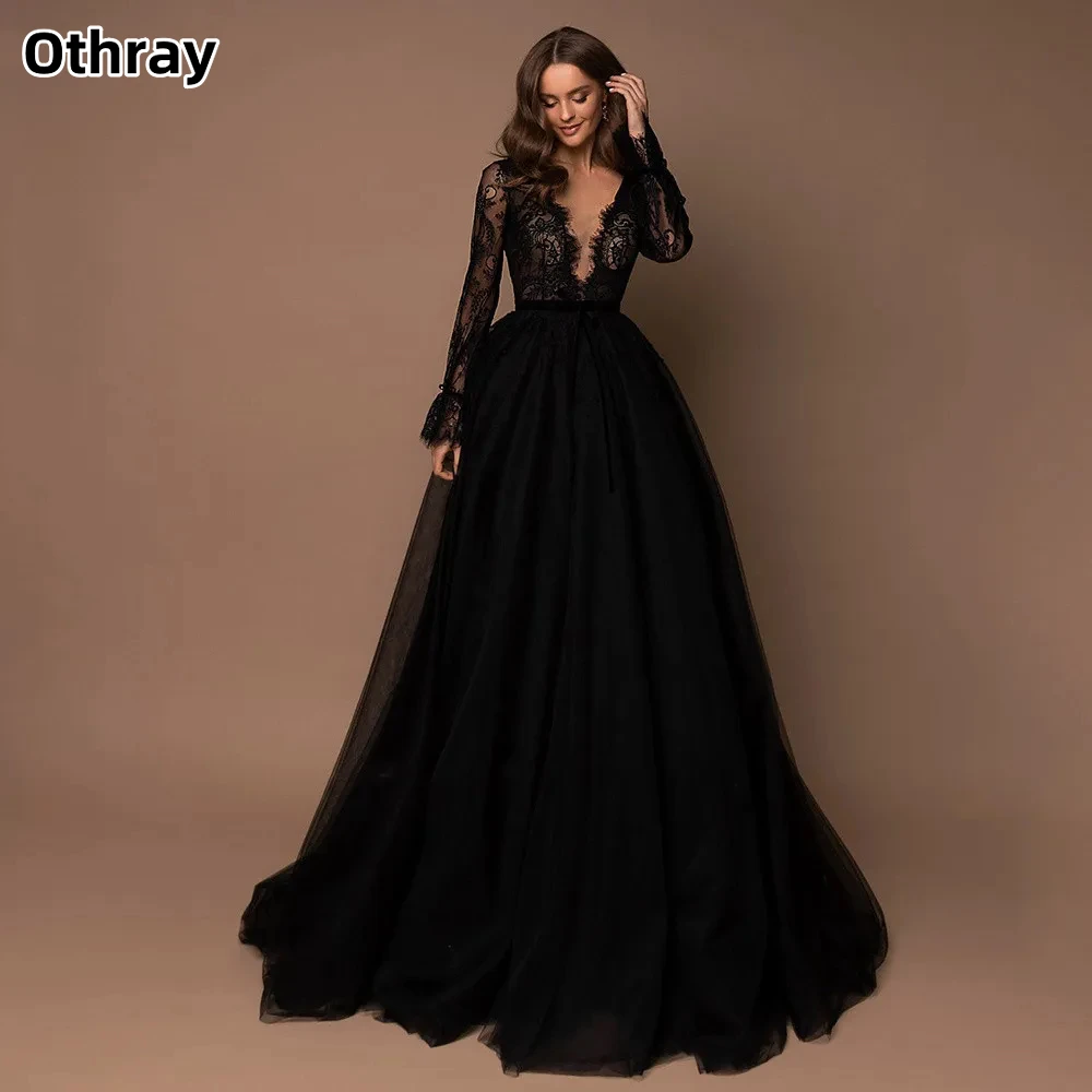 Othray Gothic Long Sleeve Sash Prom Dress Sexy Lace A-line Party Dress Sweep Shiny Evening Dress V-neck Christmas Dress