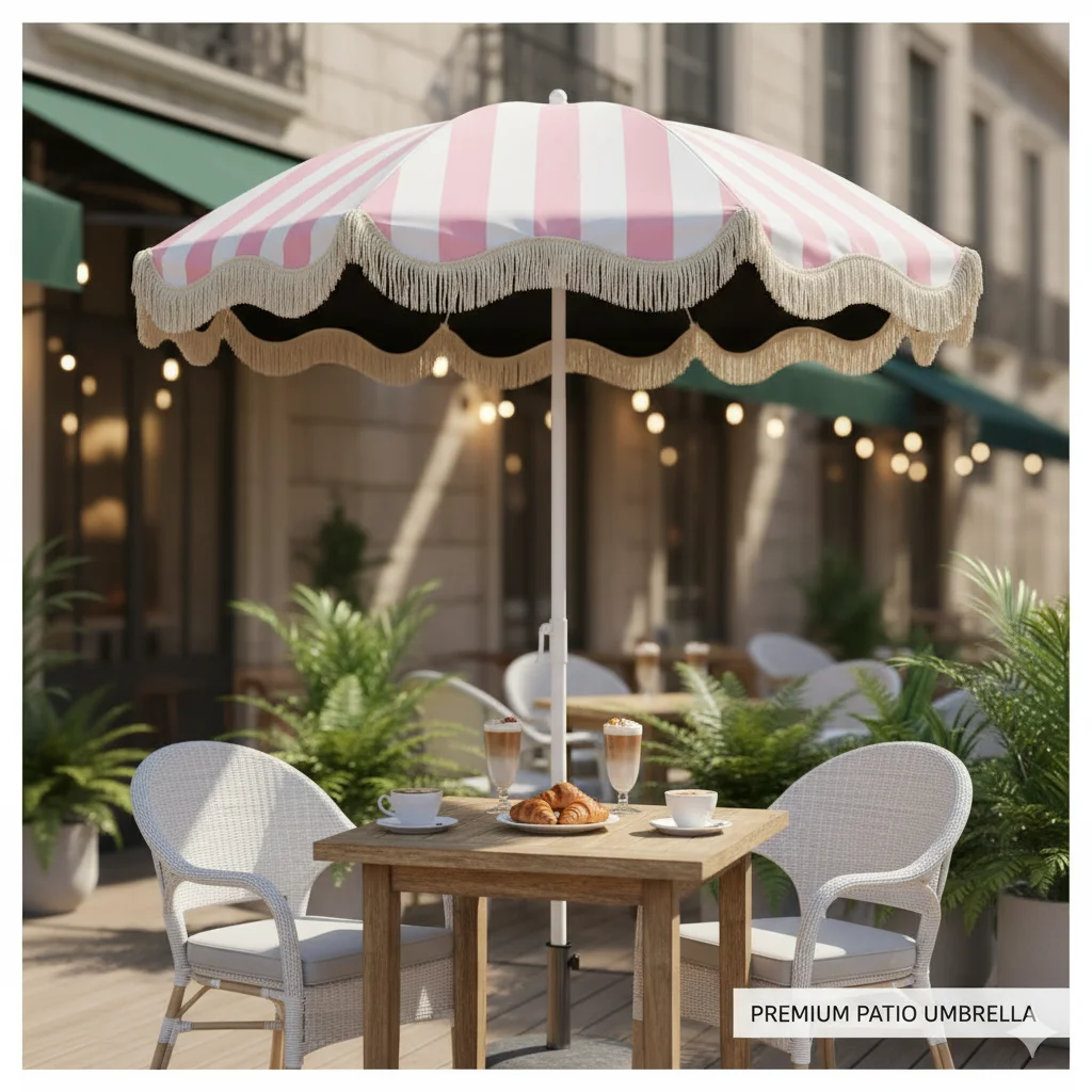 Portable Powder White Striped UPF50+ Sun Umbrella with Black Sunscreen Coating Fringed Design No Base Required Sunshade