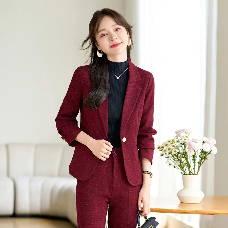 2024 Autumn Winter New Retro Plaid Woolen Blazer Coat And High Waist Flare Pant Two Piece Set Women's Suit Business Clothing