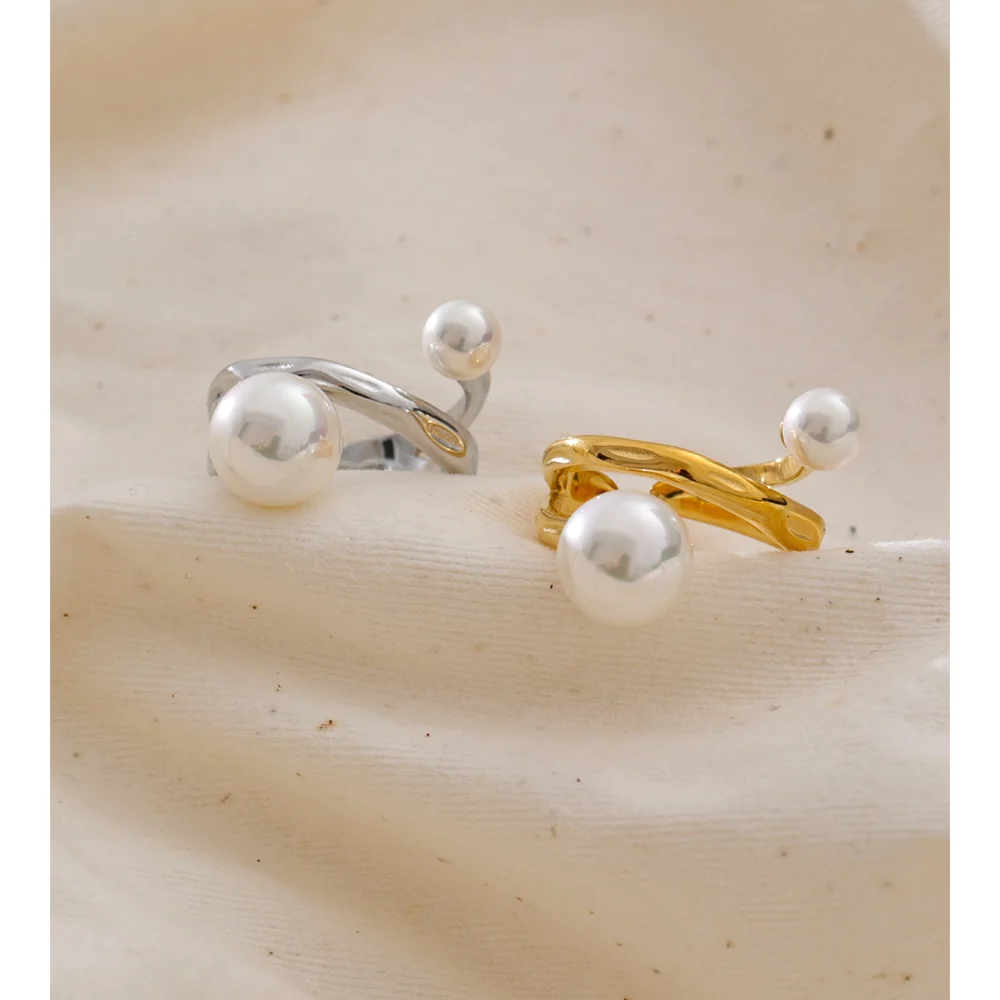 Yhpup Size 8 Simulated Pearls Layered Chic Open Ring Stainless Steel Geometric Attractive Fashion Jewelry Tarnish Resistant Gift