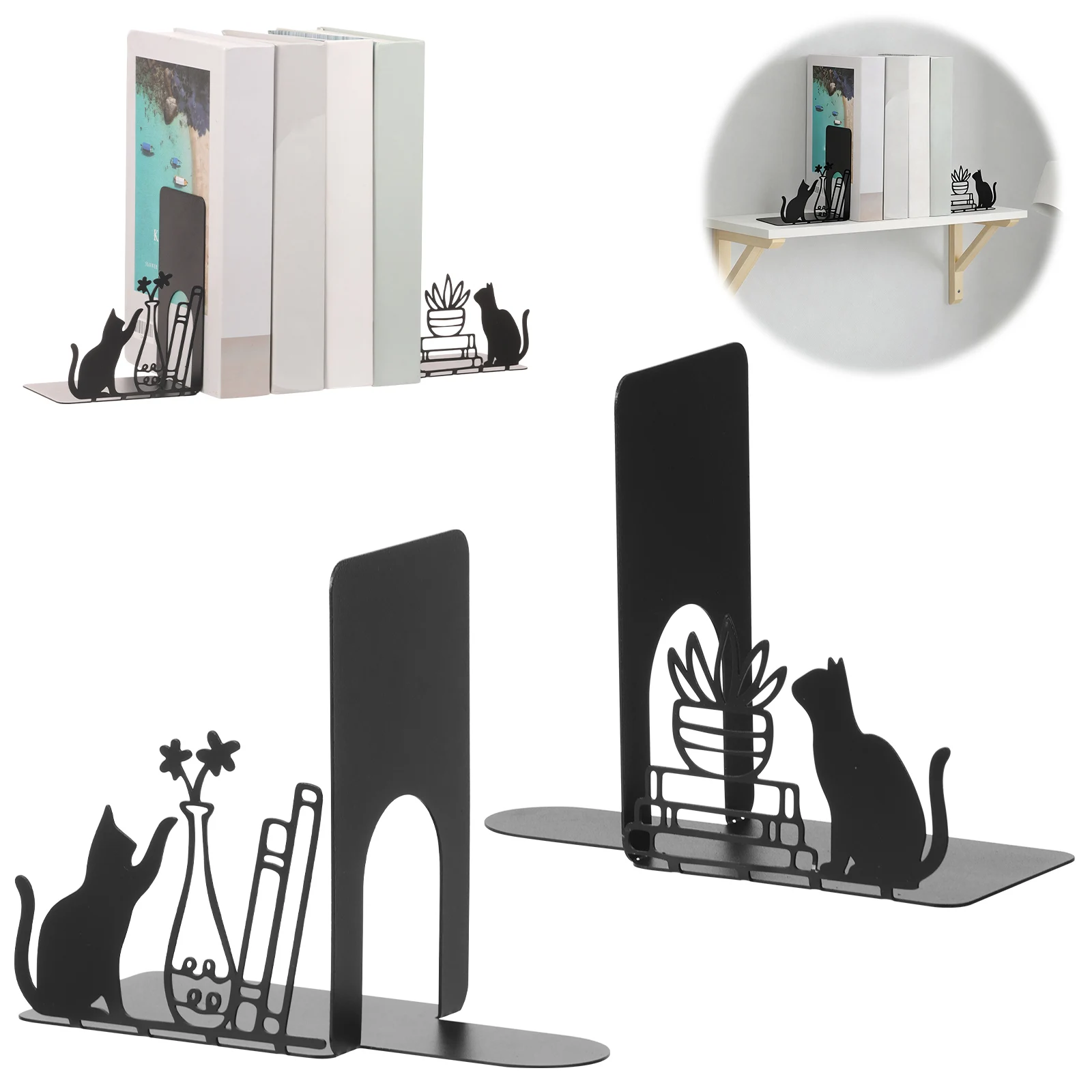 2Pcs Cat Bookend Iron Unique Bookend Stable Cute Book End Decorative Book Holder for Coworker Reading Enthusiast Cat Lover