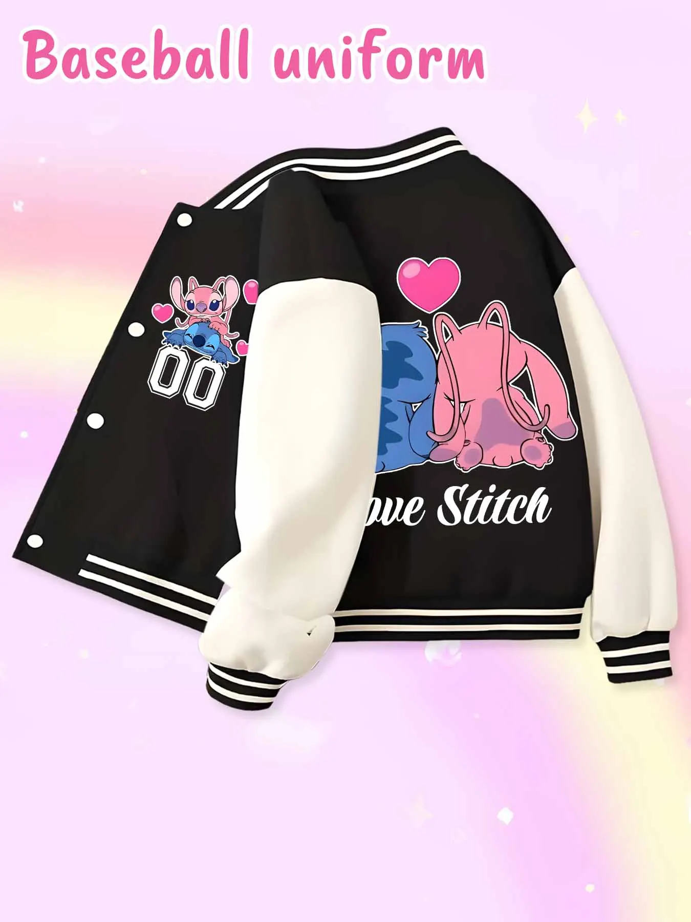 Jaqueta de beisebol tendência da moda Disney, adequada para esportes diários e roupas casuais, impressa com lindo padrão Stitch, belo presente.