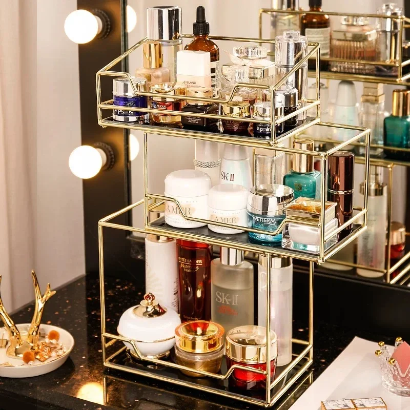 Nordic Fashion Rotating Cosmetic Desktop Storage Box Transparent Makeup Storage Shelf 2 Tiers Tray Dressing Table Finishing Rack