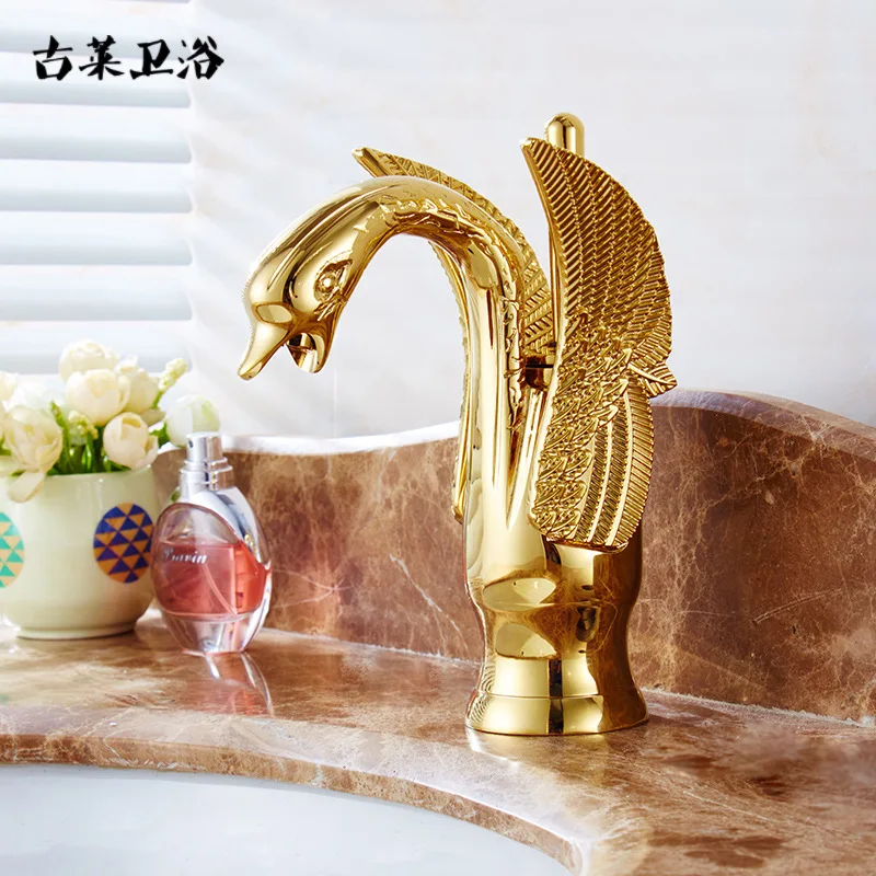 

Basin Faucets New Design Swan Faucet Gold Plated Wash Basin Faucet Hotel Luxury Copper Gold Mixer Taps hot and cold Taps