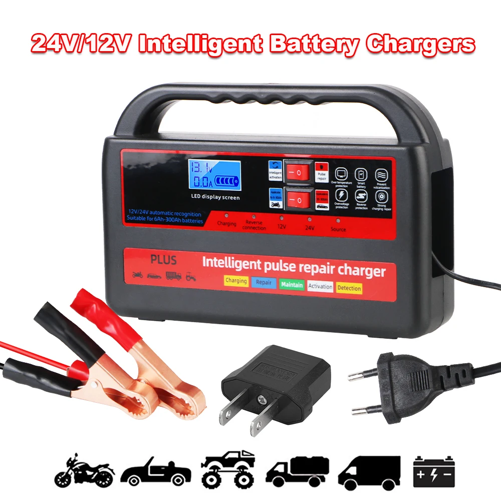 

130W High Power 24V 12V Motorcycle Battery Chargers Boat Car Storage Battery Chargers With Switch Handle Digital Pulse Repair
