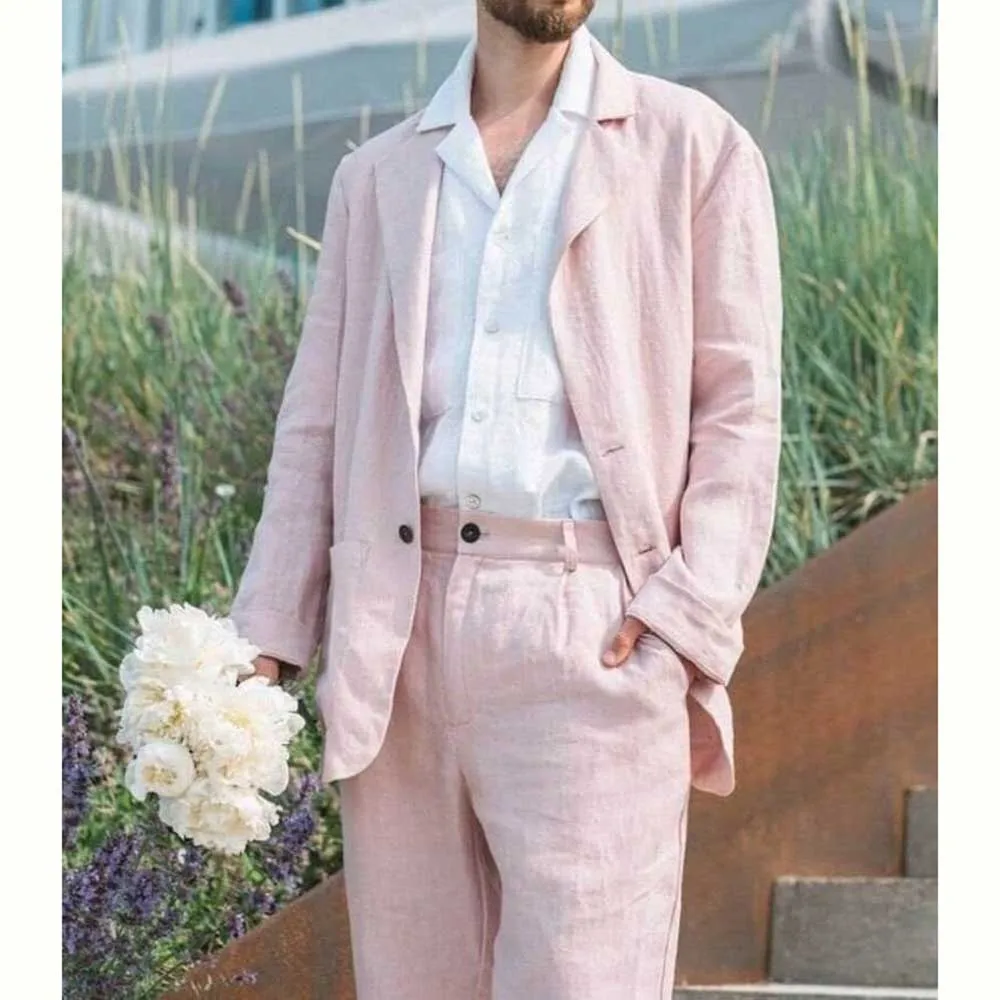 

Handsome Pink Men's Wedding Party Suits Two Piece Jacket Pants Male Clothing Slim Fit Formal Business Gentleman Blazers Sets