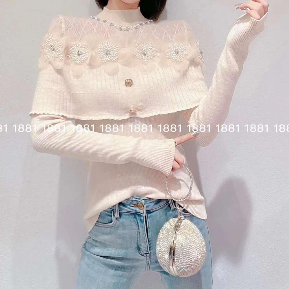 Women's Knit Tops 2024 Spring New Korean Style Sweet Heavy Industry Rhinestone Flower Slim Temperament Girly Style Sweater