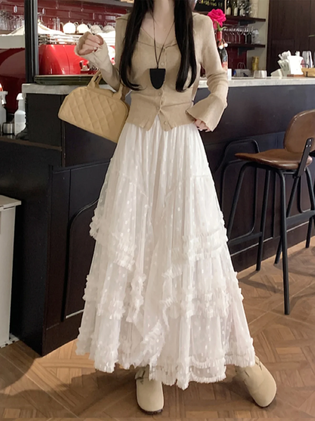 

Sweet Princess Style Lace Half Skirt White Full A-Line Gown Korean Commute Irregular High Waist Long Cake Skirt for Women