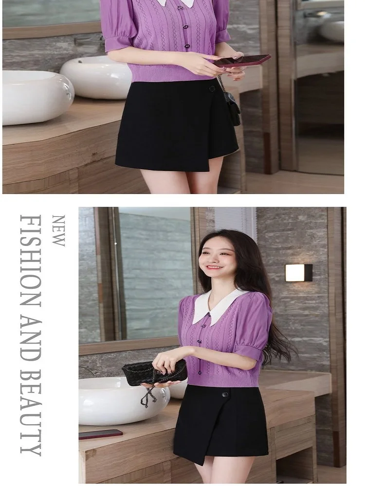 V-neck Ice Silk Short Sleeve Sweater For Women