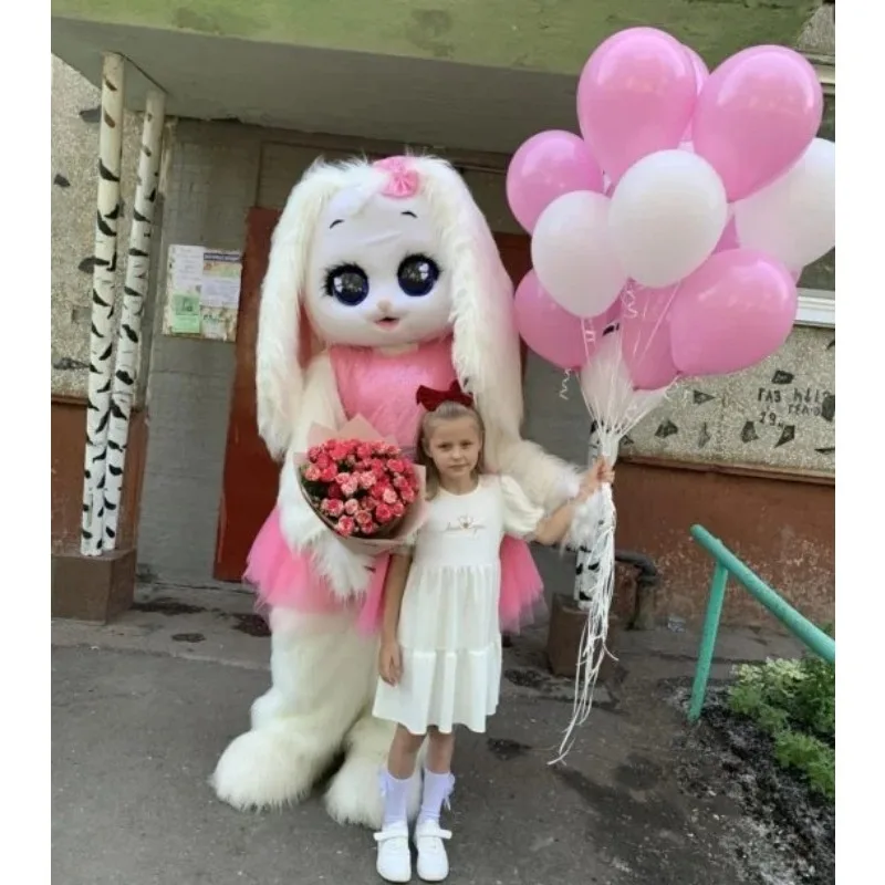 Rosa Kleid, weißes langes Fell, Kaninchen-Maskottchen-Kostüm, niedliche Häschen-Gehpuppe, Kleidung, Geburtstag, Hochzeit, Halloween, Rollenspiel-Outfits