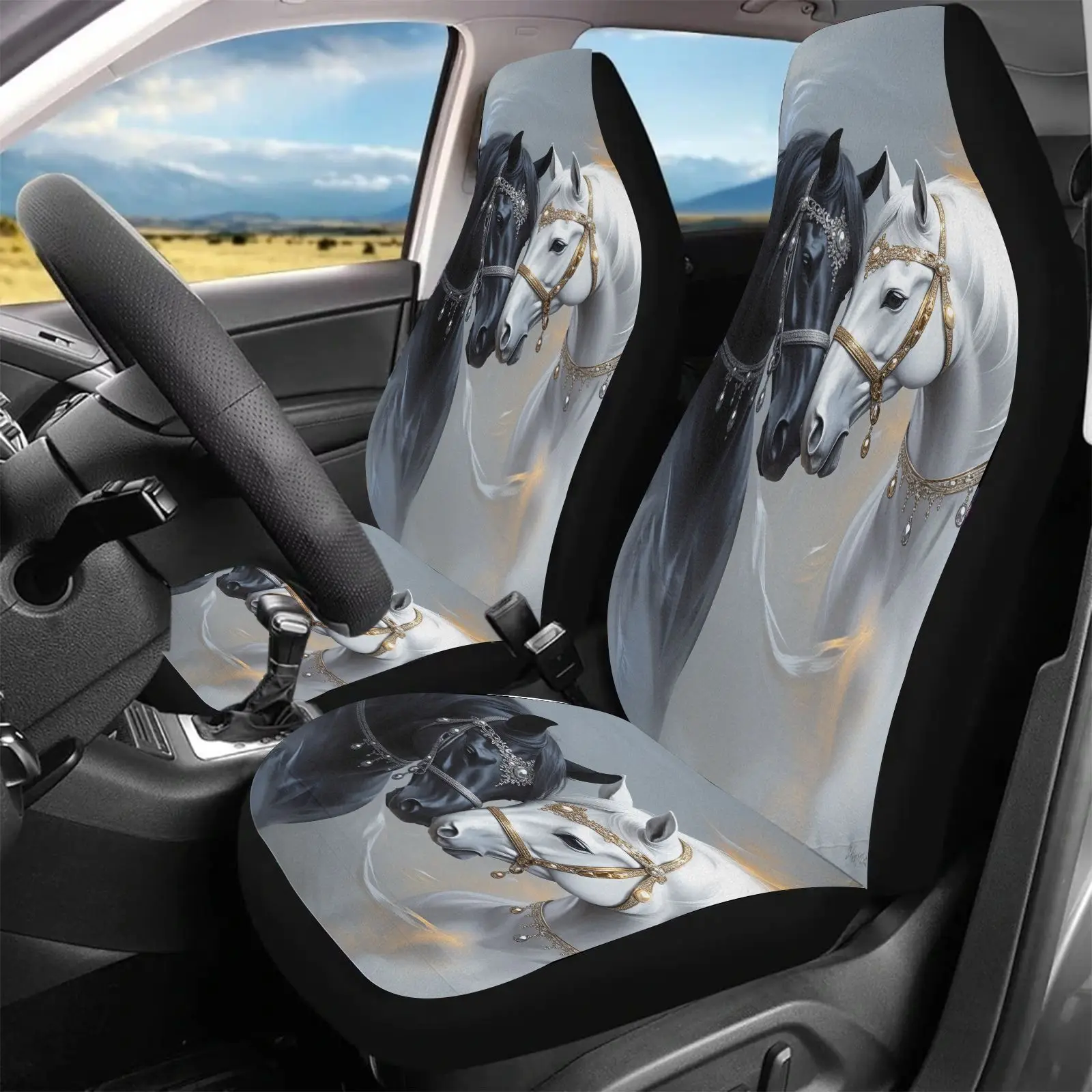 2pcs Car Seat Covers | Black And White Horse Pattern Universal Fit Polyester Seat Covers For Cars Interior Decorative Additions,