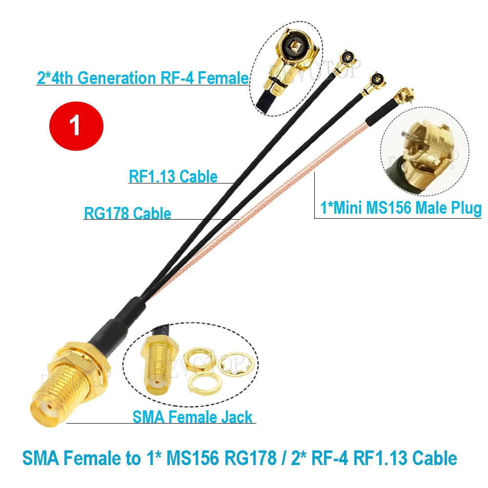 100PCS/LOT SMA to IPX Splitter Cable SMA Female to 1xMini MS156 +2 x RF4 Female RG178 RF1.13 Cable Antenna Jumper Pigtail