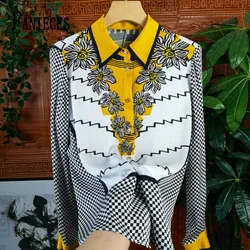 FANIECES Chiffon Ladies Blouses Long Sleeve Vintage Print Shirts Turn Down Collar Buttoned Office Ladies Tops Blusas De Mujer