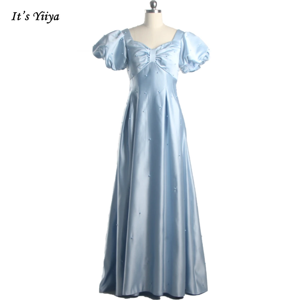 

Evening Dress Shiny Sky Blue Satin Pearl Beading Short Puff Sleeves illusion Back A-line Pleat Plus size Hot Party Dresses A1584