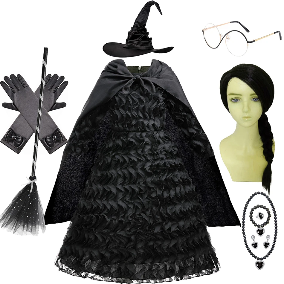 Wicked Witch Elphaba Costume Kids Halloween Fantasy Outfits Girls Movie Role Playing Sets Long Sleeve Luxury Black Party Gown