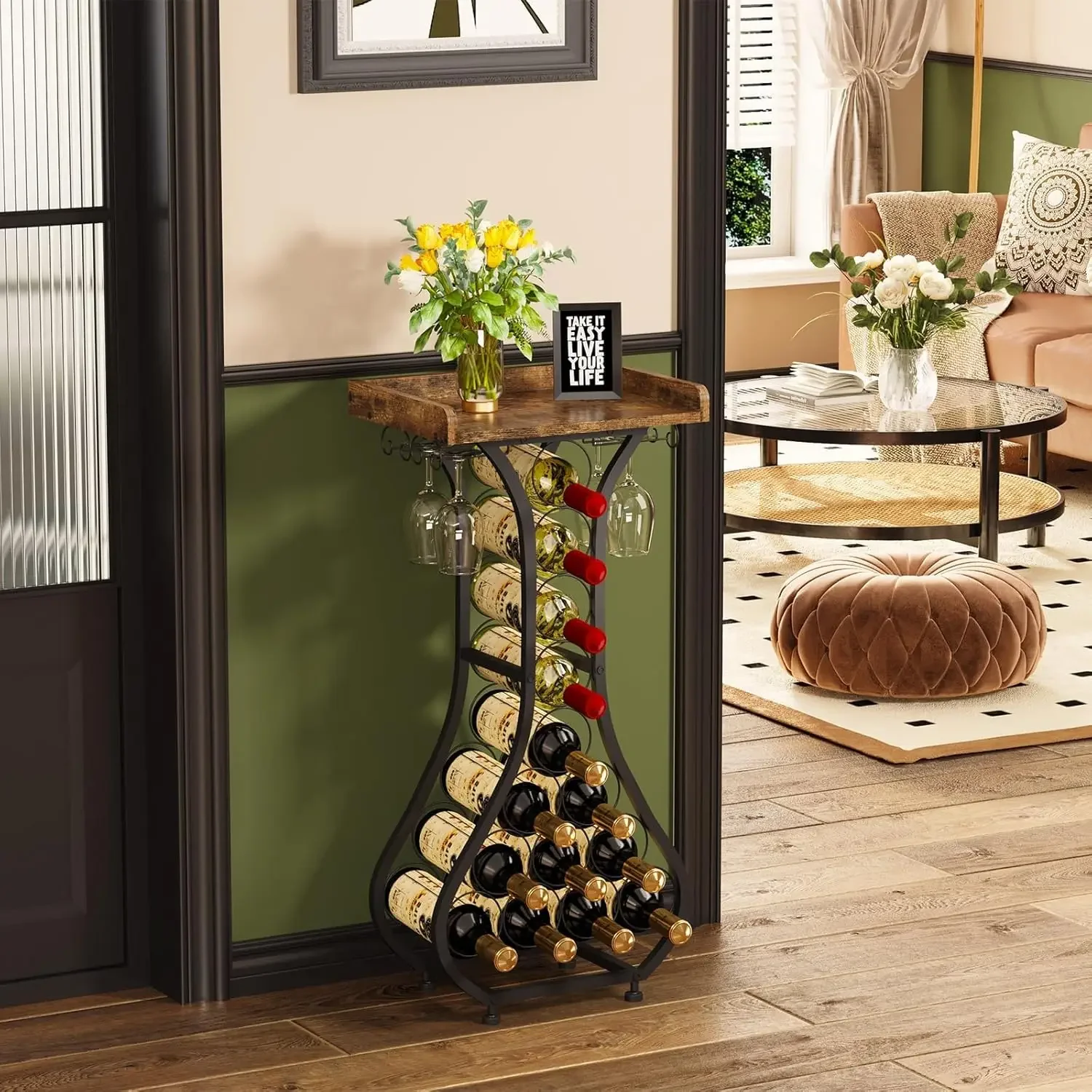 X-cosrack Wine Rack Freestanding Floor, Mini Bar Table Wine Holder Stand Liquor Cabinet with Glass Holder Wood Tabletop