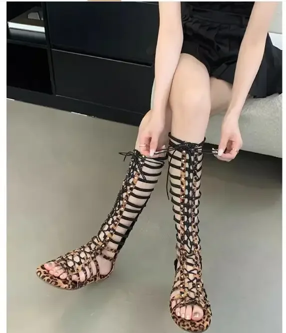

2024 Bohemian Hollow Roman Long Boots Beach Strap Sandals for Women