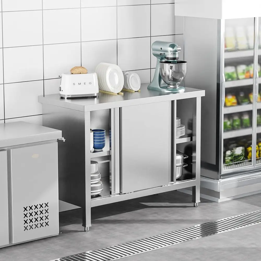 

Прочный стол для подготовки продуктов из нержавеющей стали с тумбой, 39 x 19, идеально подходит для кухонь, ресторанов и других предприятий.