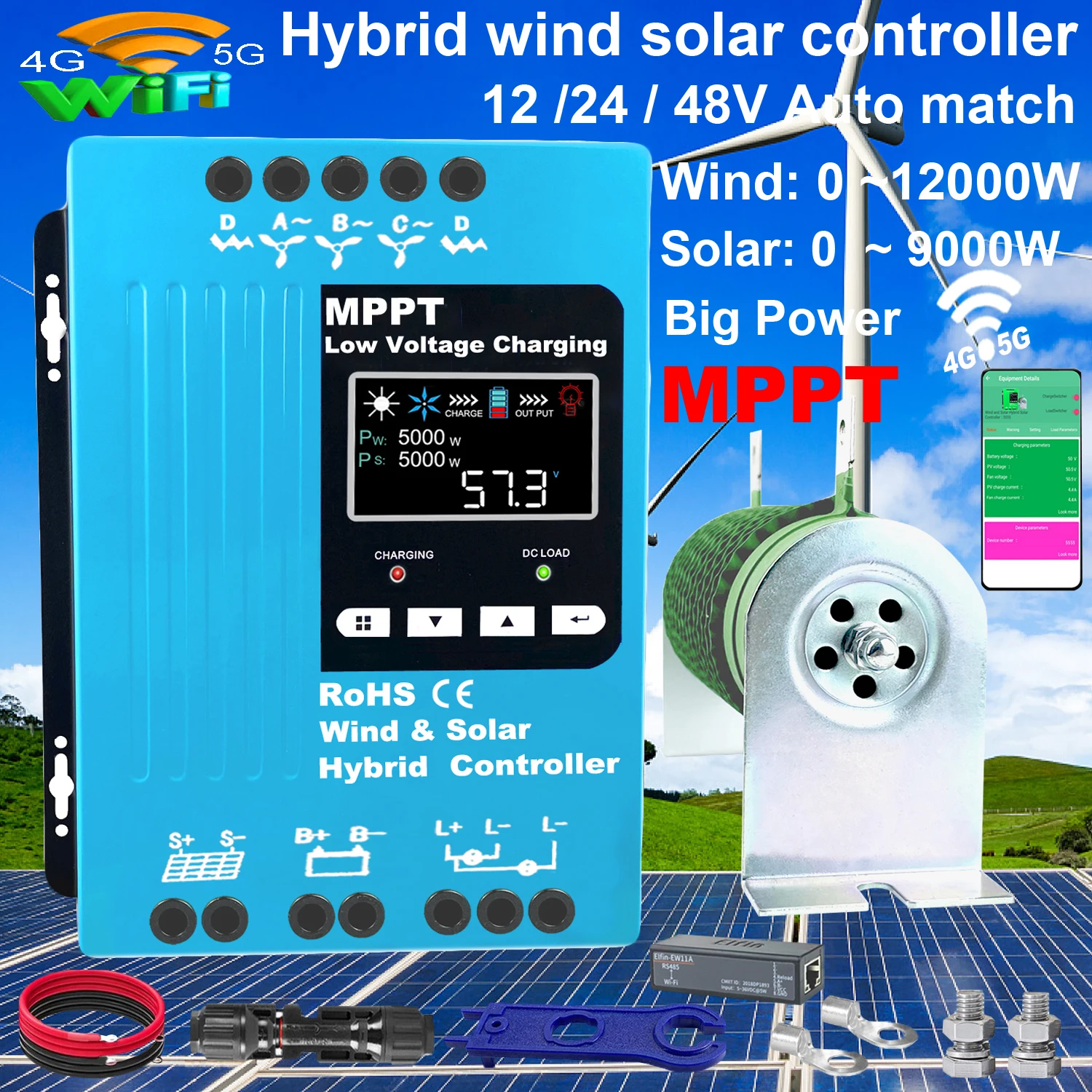 

New 5000W 12V 24V 48V MPPT Hybrid Wind Solar Power Charge Controller With WIFI Function For 2500W Wind Turbine 2500W Solar Panel