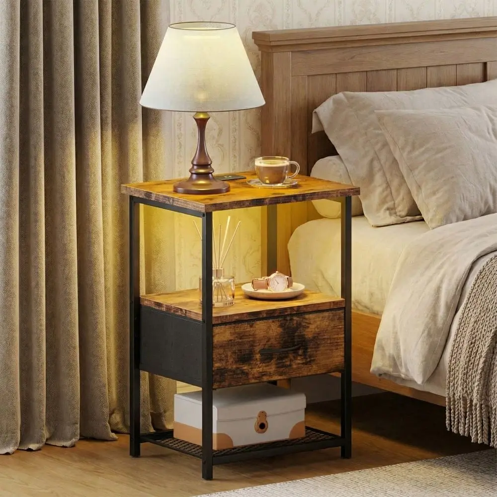 

2pcs Night Stand With Charging Station, LED Nightstand With Fabric Drawers, End Table With PU Finish, Bedside Table, Bedroom Fu
