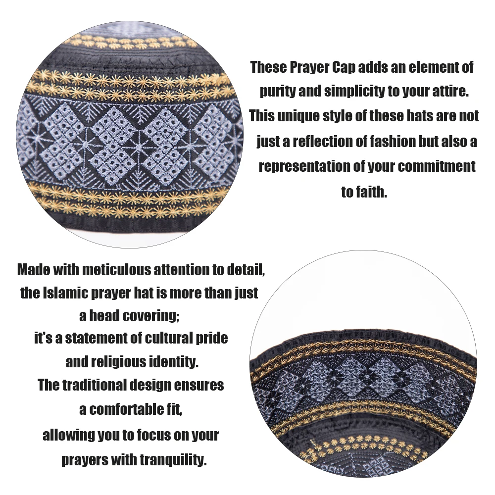 RIMAIRE Black and Yellow Muslim Preyer Hat Designer Embroidery Islamic Men Hat Newest Hair Cover Yarmulke Causal Party Wholesale
