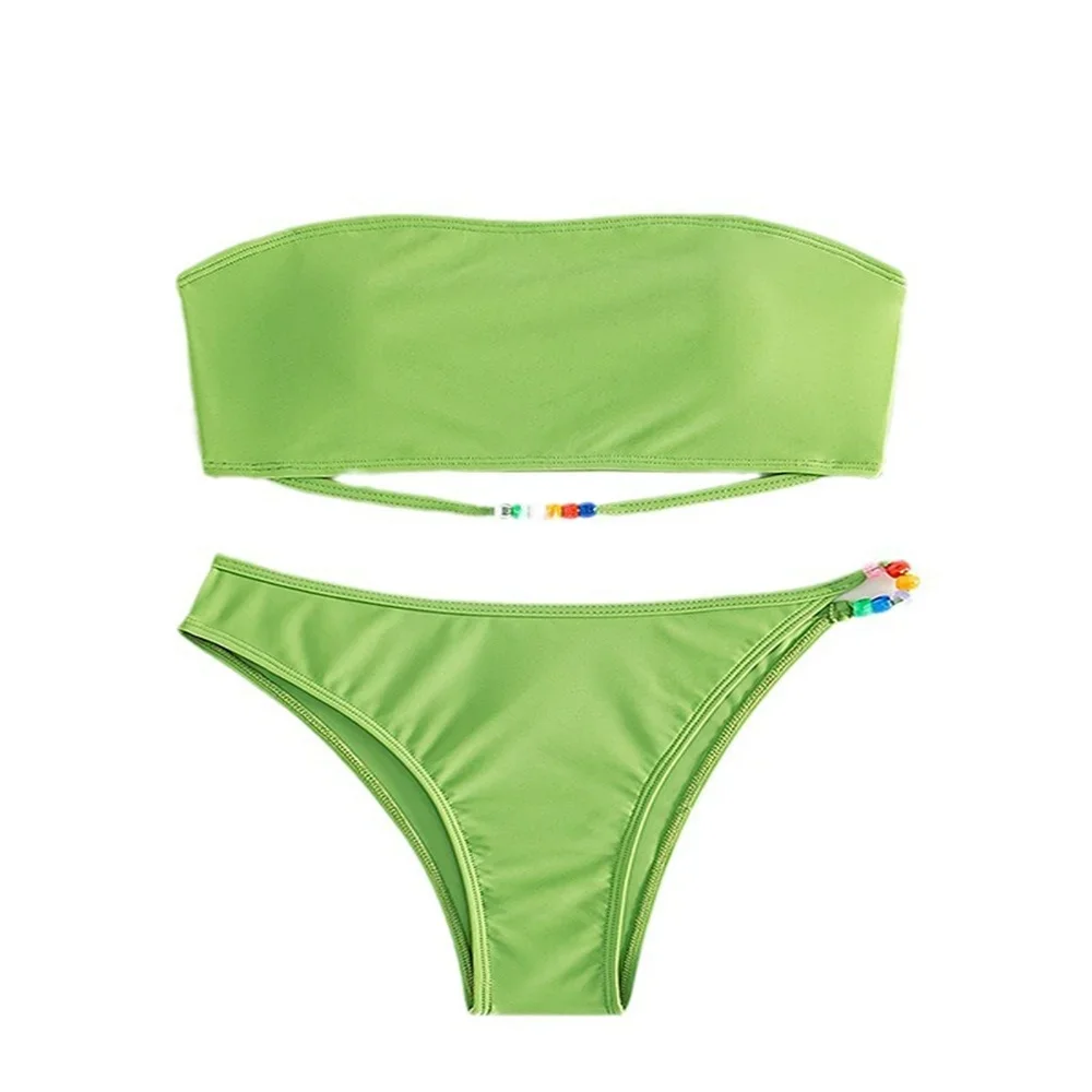 Сексуальный купальник-бандо, зеленый бикини, бисер, Y2K, купальник для отпуска, женский купальный костюм, пляжные стринги, комплект бикини, летняя одежда