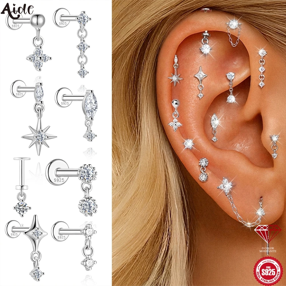 Aide S925 Sterling Silver Moissanite Piercing Stud Earring Assorted Dangle Earrings for Helix Tragus & Lobe Ear Stacking Jewelry