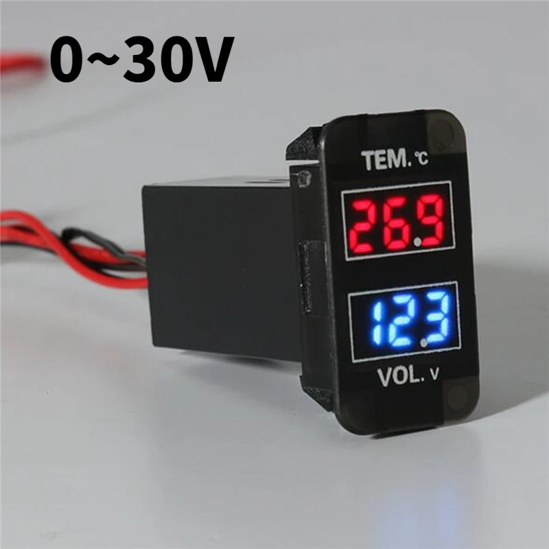 0~30V Car Voltmeter Thermometer Digital Voltmeter Temperature Gauge Temp Mete Dual LED Display 55cm Wire Length Durable