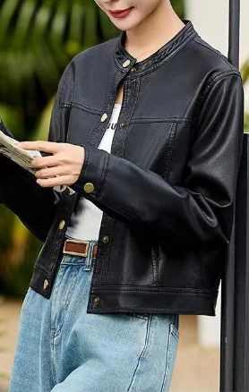2026 New Style Women's Pu Leather Jacket, Stand Collar Coat, Fashionable and Versatile Short Style