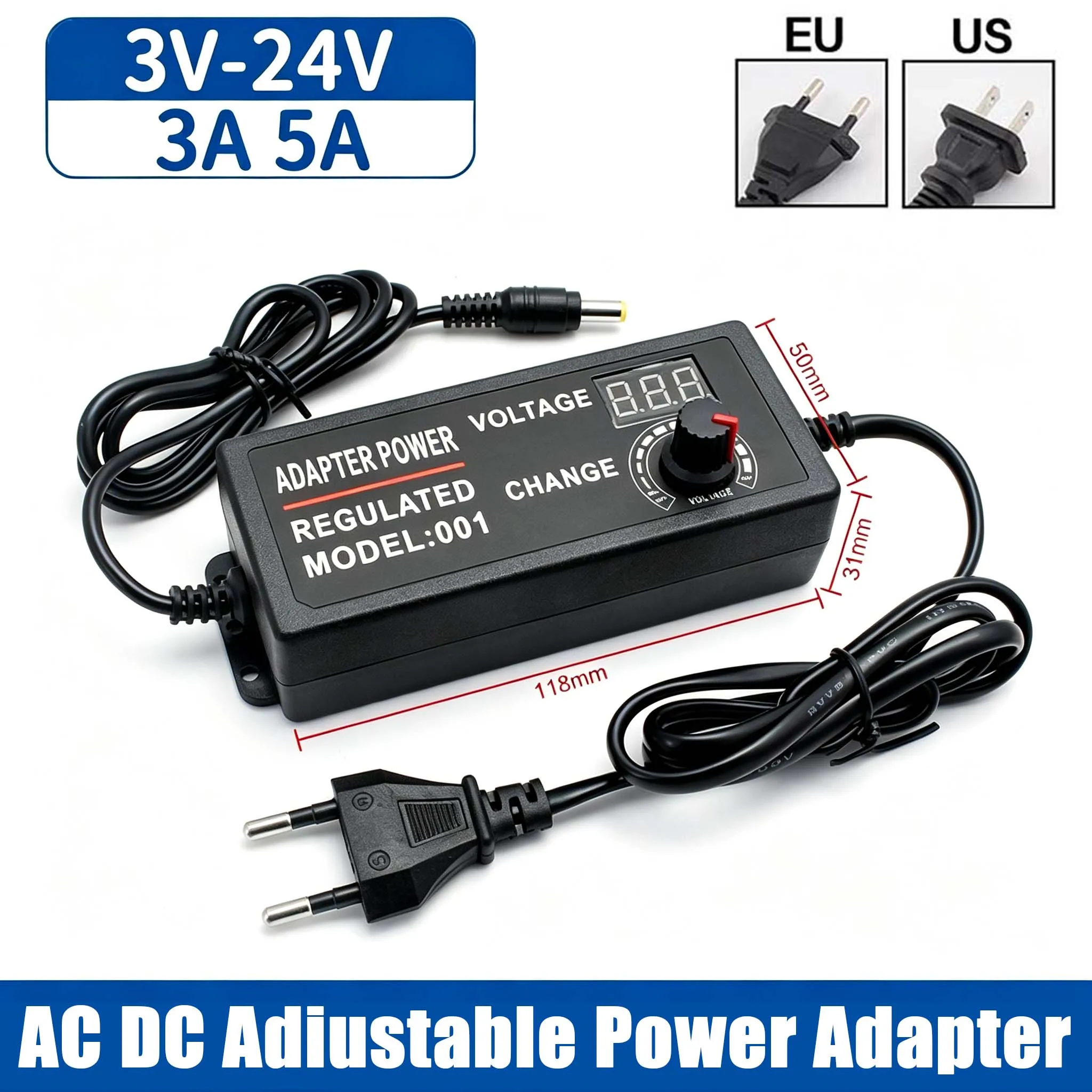 3-12V 3-24V 9-24V 12-24V Adapter Adjustable 3A 5A Power Supply Display ScreenRegulated Knob Dc 5.5*2.5mm Input Us EU 100-240VAC