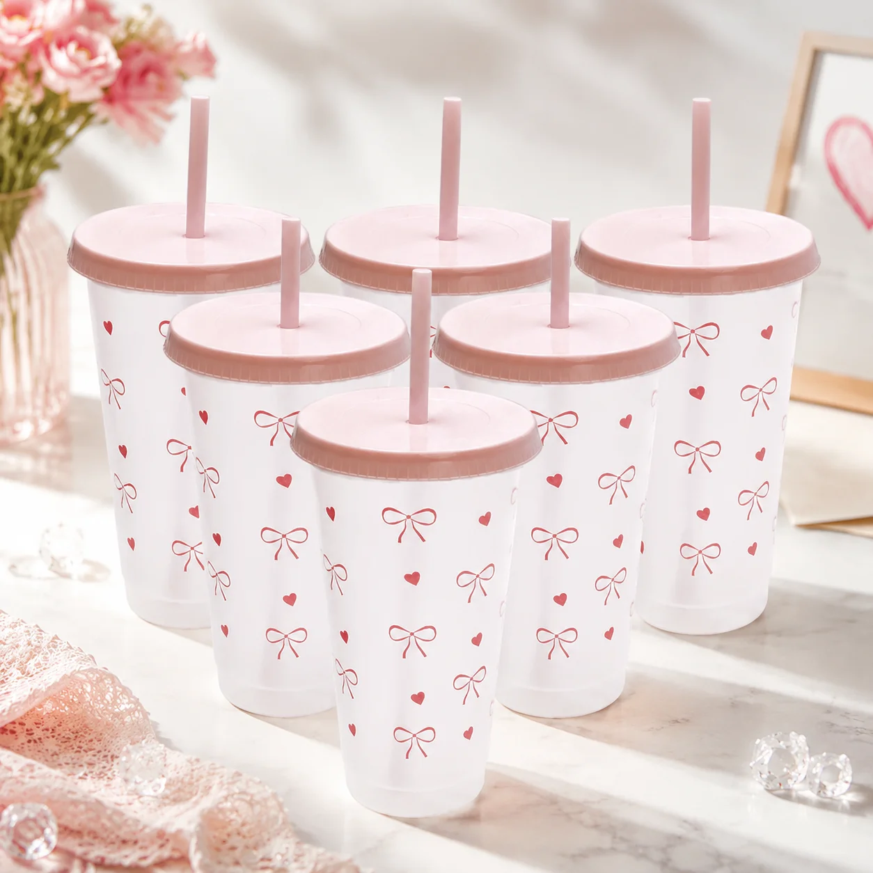 700ml Kawaii Water Bottle Aesthetic Tumbler Ice Coffee Juice Tea Cute Bowknot Plastic Cups Straw Lid Portable Drinking Bottle