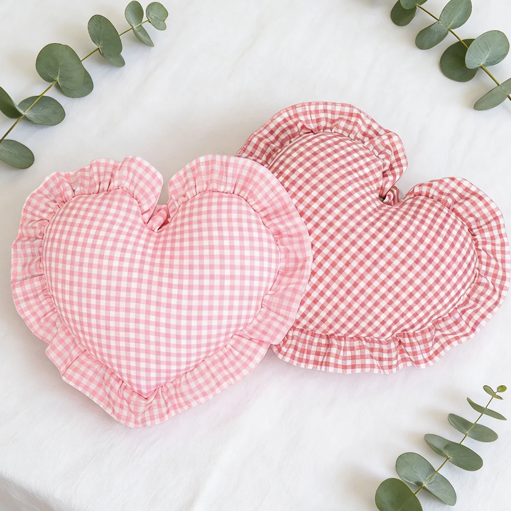 BUYNOW 1PC Plaid Cloth Cushion Ruffle Heart Love Romantic Pillow For Sofa Bedroom Living Room Home Decor Pillow With Filling