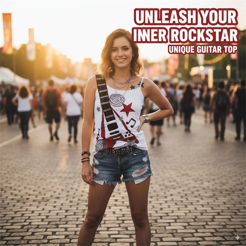 

Y2K Guitar Print Tank Top for Women Punk Rock Slim Fit Sleeveless Crop Shirt Harajuku Summer Festival Outfit 2025