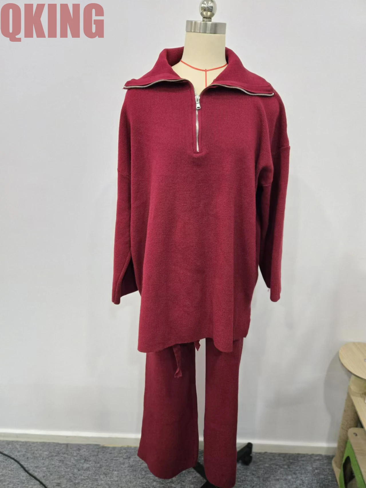 Sweater Set Loose Half Zipper Long Sleeves Woolen Top Pulling Rope Tightness High Waist straight-leg  Casual Pants  Suit