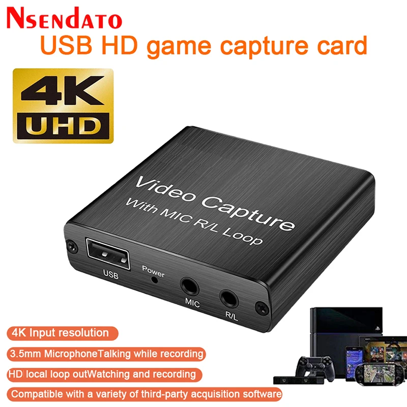 

4K USB HDMI Video Capture Card USB2.0 HDMI Video Grabber Card with Mic R/L for PS4 Game Camcorder Camera Live Stream Recording