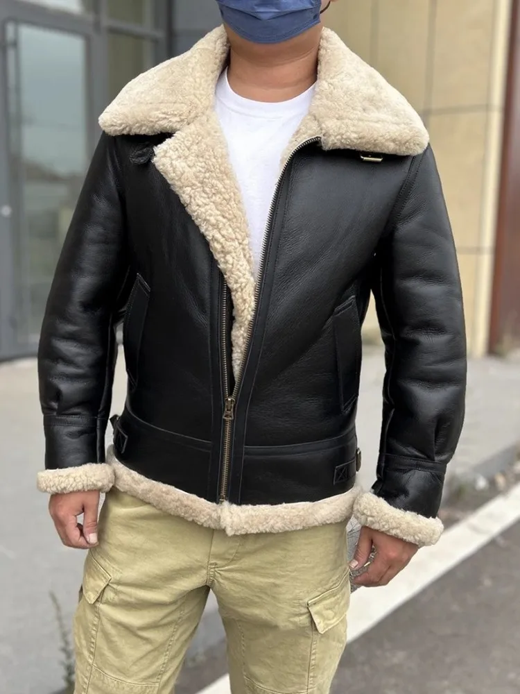 Zimowa kurtka pilotka z prawdziwej skóry Ciepła wełniana podszewka Shearling Krótki płaszcz Streetwear Mężczyźni Kurtki motocyklowe z prawdziwego futra Rozmiar 5XL 6XL