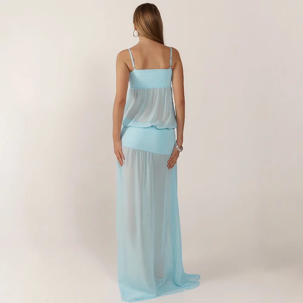 Sukienka maxi na ramiączkach spaghetti z siateczkowymi wstawkami, seksowna, z wycięciami na plecach, dopasowana, w kształcie litery A, długa, idealna na imprezę.