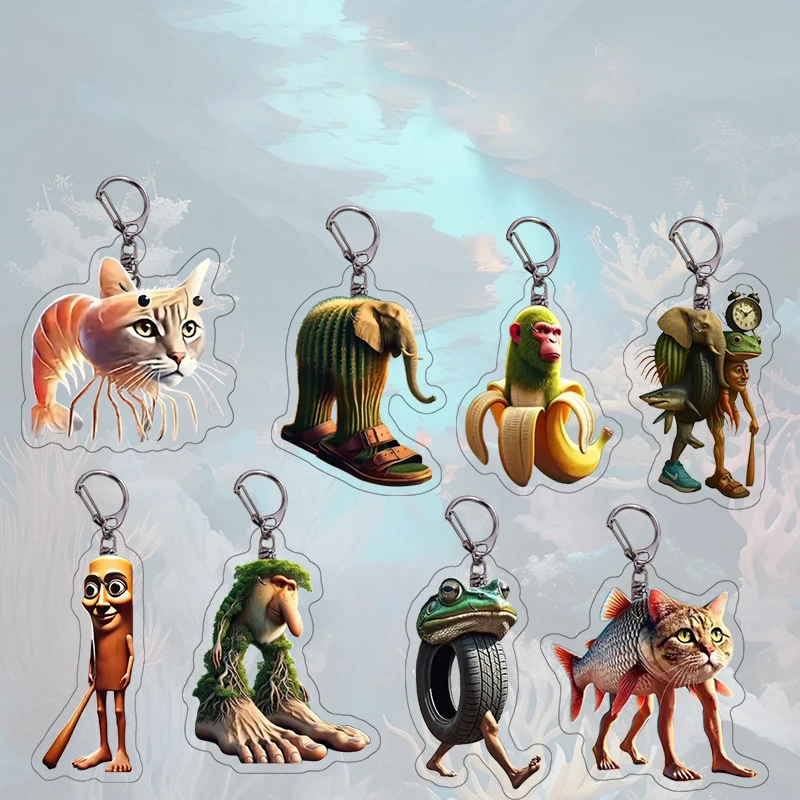 1PCS Funny Acrylic Keychains Abstract Wooden Stick Big Legged Tree Backpack Pendant Animals Shaped Keyring Hanging Decoration