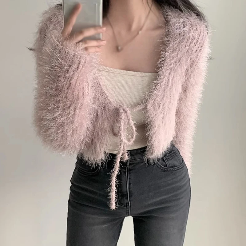 Sweter damski Mink Velvet Cardigan Lace-up Design Luźny krój Miękki i wygodny Gorąca dziewczyna Odzież uliczna Jesień Zima