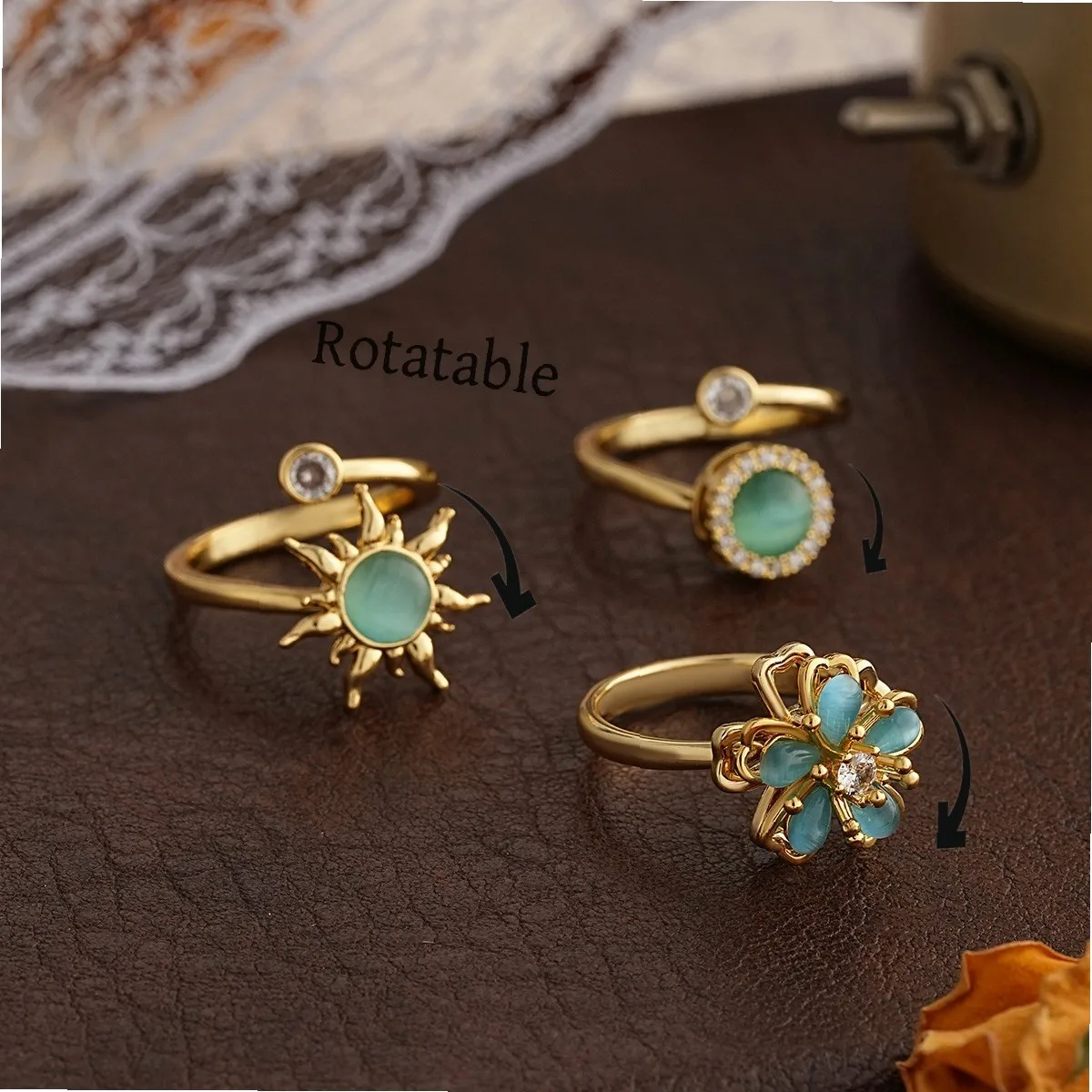 360° Rotating Blue Opal Ring for Women, Gold Plated Open Adjustable Ring with Zircon